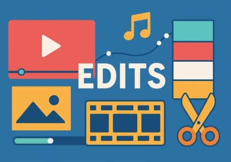 Illustration en flat design représentant l’univers des edits sur les réseaux sociaux, avec des montages vidéo stylisés, des écrans, des icônes de partage et une ambiance colorée évoquant la créativité digitale et l’engagement communautaire.